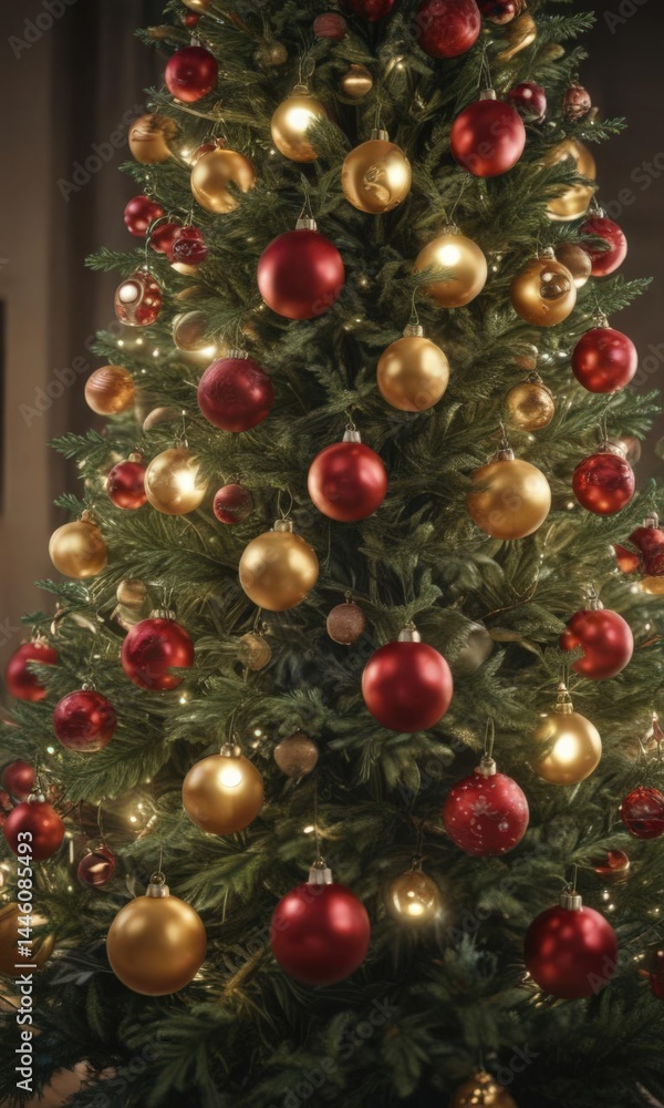 Vibrant baubles adorn a Christmas tree, encircled by soft, glowing lights , holiday, bright Vibrant baubles adorn a Christmas tree, encircled by soft, glowing lights , holiday, bright