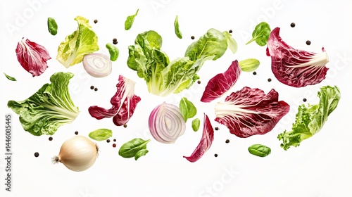 Vibrant Flying Fresh Salad Vegetables Green Radicchio Leaves