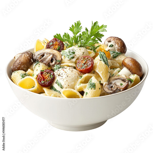 Delicious pasta dish with mushrooms spinach and tomato served in white bowl.