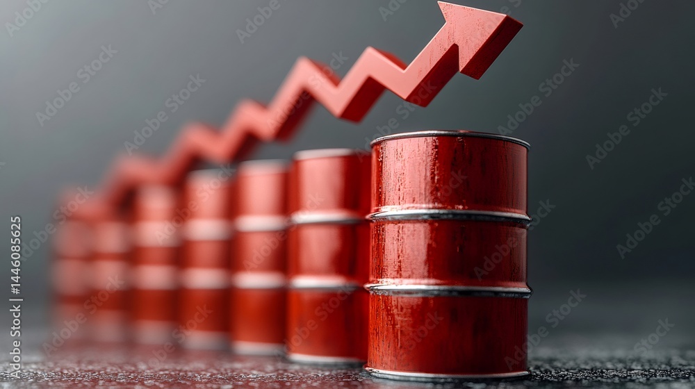 Oil price rising, red barrels and growth arrow indicating price increase