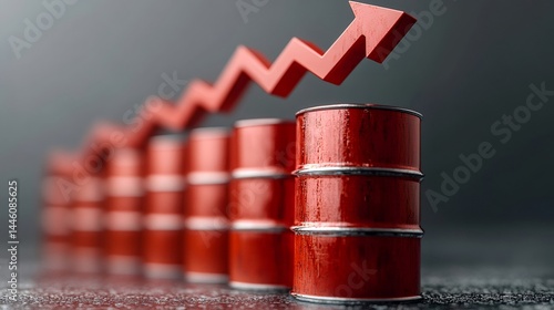 Obraz na płótnie Oil price rising, red barrels and growth arrow indicating price increase w salonie