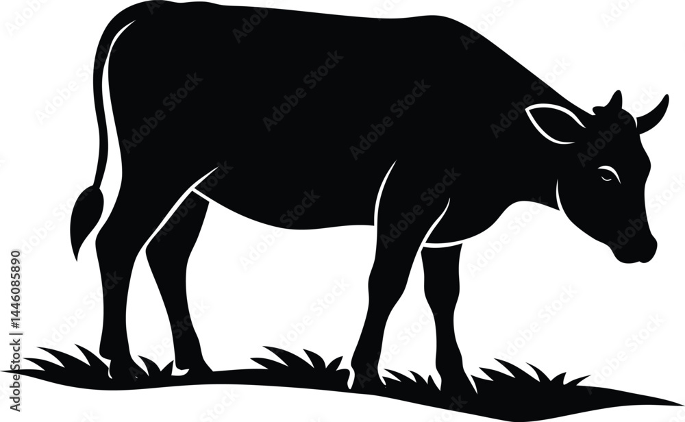 silhouette of a cow grazing in field on white silhouette of a cow grazing in field on white