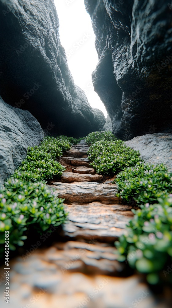 Stone stairway leading to a light filled canyon opening with lush green plants