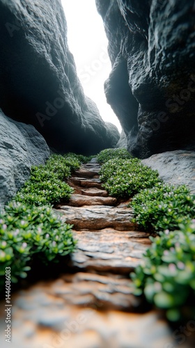 Obraz na płótnie Stone stairway leading to a light filled canyon opening with lush green plants w salonie