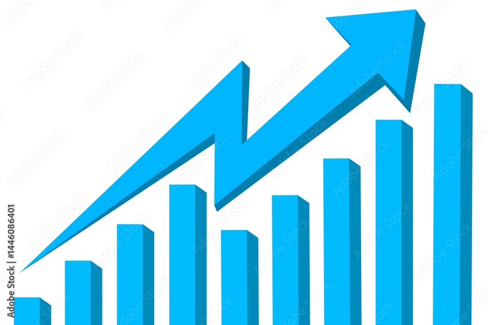 Three-dimensional blue business graph or chart isolated on white background. Arrow graph chart for presentation, business, financial, marketing, etc. Three-dimensional blue business graph or chart isolated on white background. Arrow graph chart for presentation, business, financial, marketing, etc.