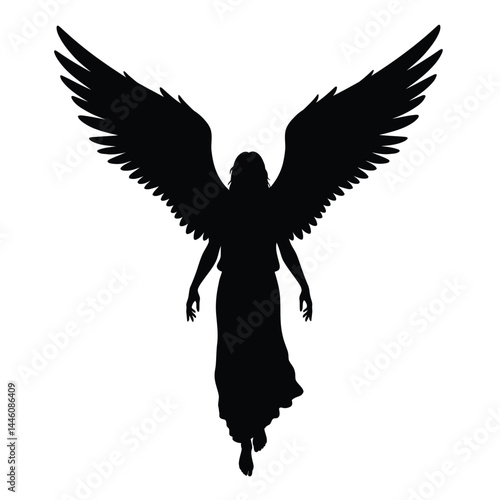 Angel silhouette with open wings flying downward graceful spiritual vector