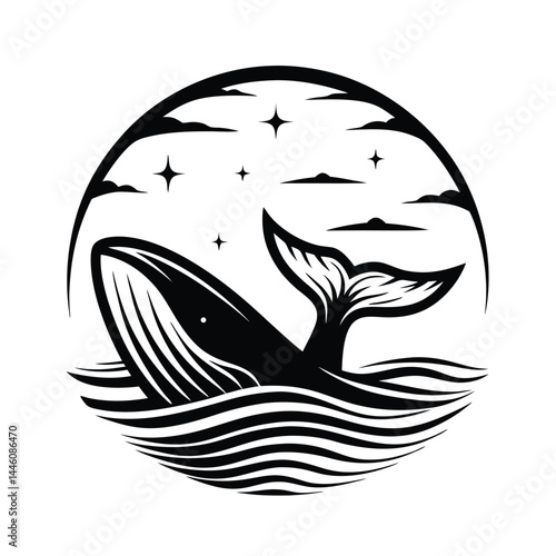 Whale breaching water in circle, stars, clouds and sea waves monochrome line art
