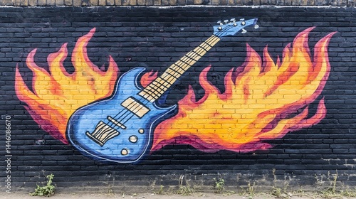 Electric guitar mural engulfed in flames on brick wall