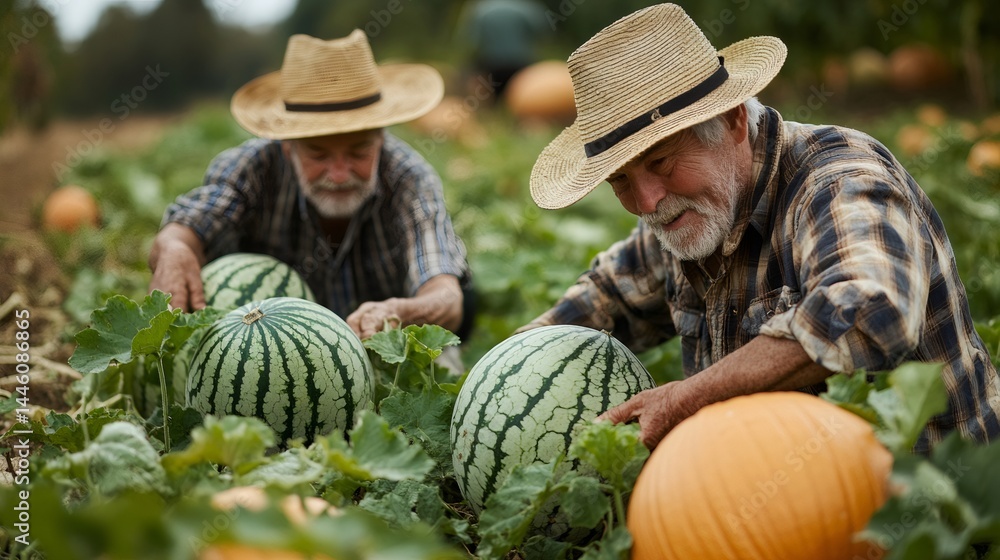 Farmers harvesting watermelons in field of pumpkins