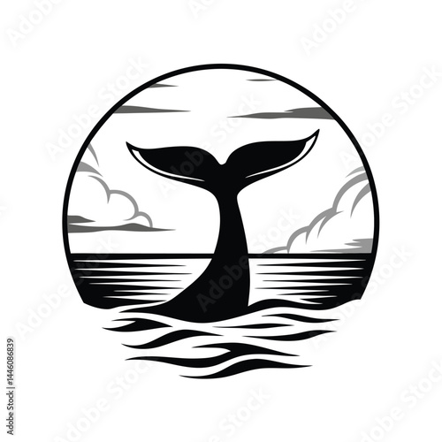 Whale Tail Silhouette in Ocean Waves and Sky Framed Within Round Design