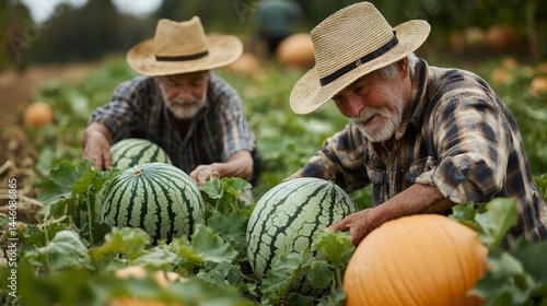 Obraz na płótnie Farmers harvesting watermelons in field of pumpkins w salonie