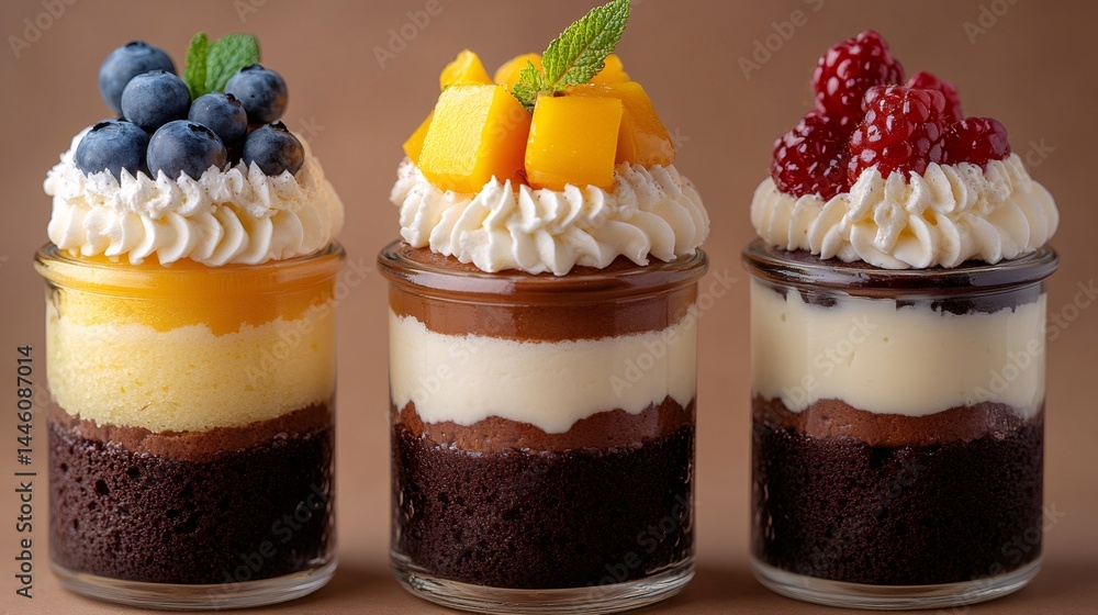 Delicious layered desserts in glass jars with fresh fruit toppings