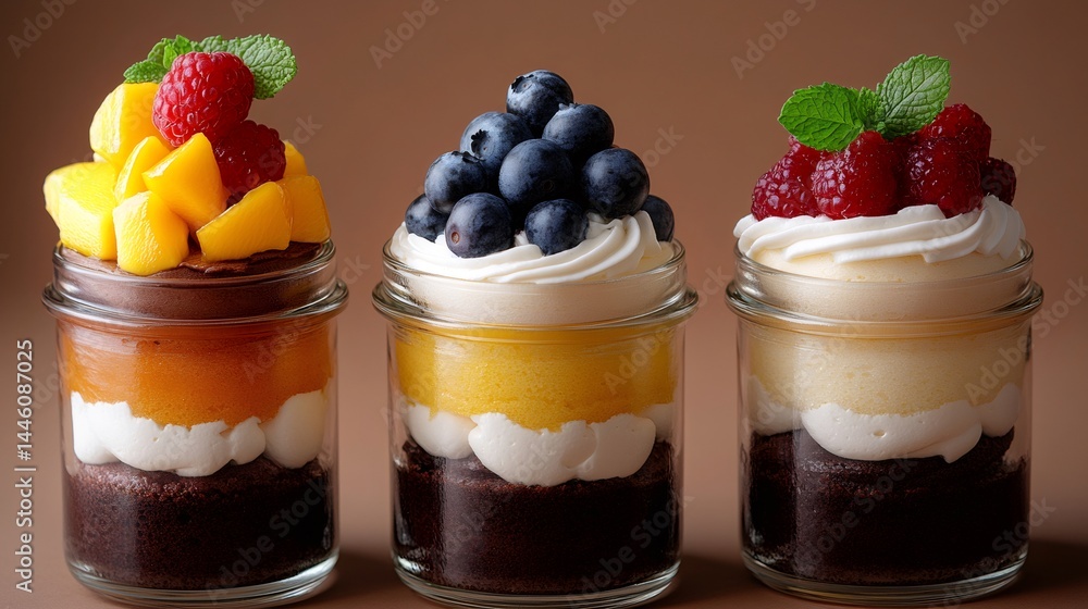 Layered desserts in glass jars showing variety of flavors