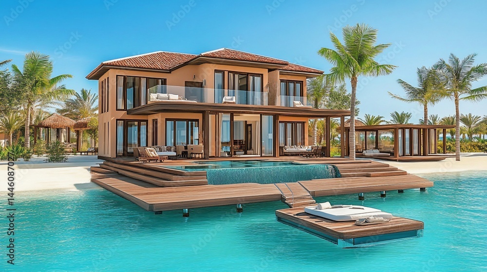 Fototapeta premium Luxurious beachfront villa with pool, palm trees, and turquoise water