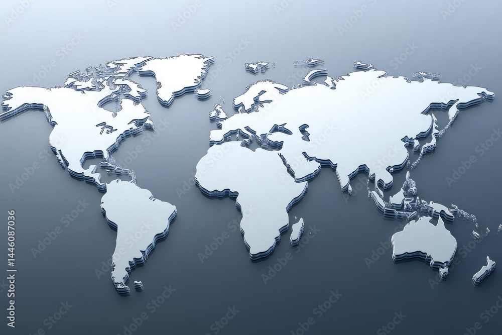 A Muted Representation of the World's Continents on a Sleek, Shadowed Surface A Muted Representation of the World's Continents on a Sleek, Shadowed Surface