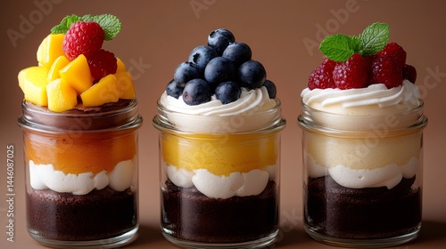 Obraz na płótnie Layered desserts in glass jars showing variety of flavors w salonie