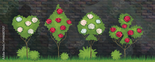 Alice in Wonderland. Trees in the form of card suits.Topiary. White and red roses on the background of an old stone wall. Background for photos. Thematic photo zone.