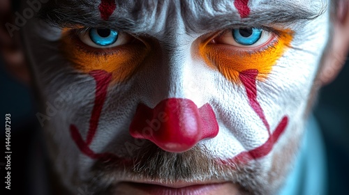 Obraz na płótnie Scary clown stares with bright blue eyes and red nose w salonie