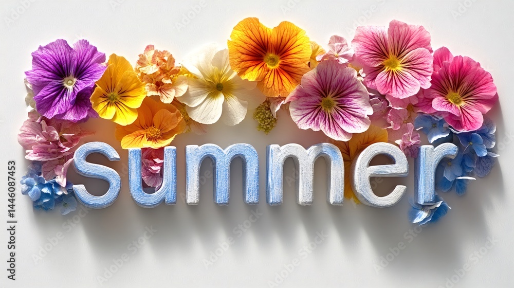 Colorful flowers framing the word summer symbolizing summertime