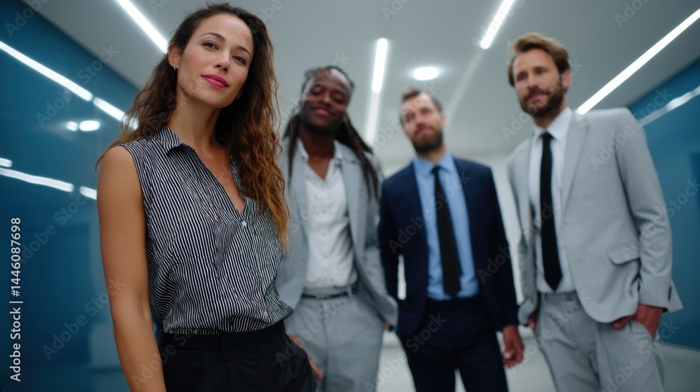 Diverse Business Team Standing Confidently in Modern Office Corridor Diverse Business Team Standing Confidently in Modern Office Corridor