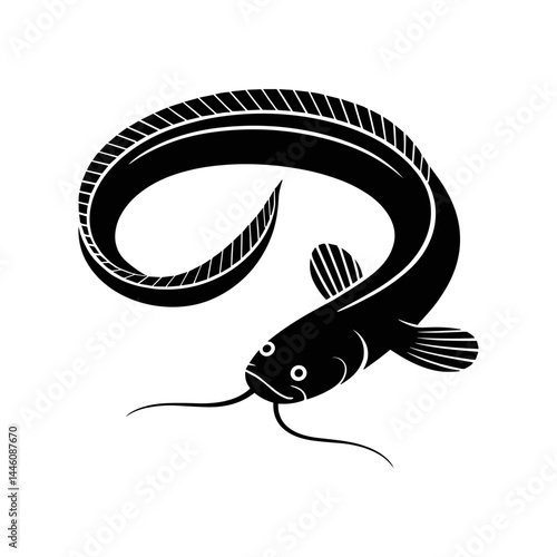 Catfish Silhouette: A sleek and streamlined catfish, characterized by its distinctive barbels and rounded fins, is depicted in a simple black silhouette against a white background. This image.