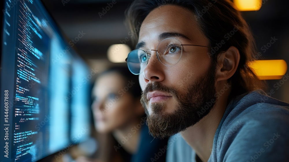 Software developer working on computer code in office at night
