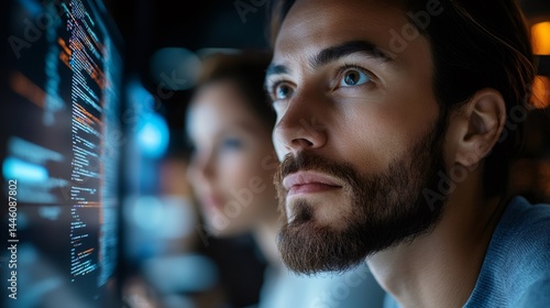 Software developers analyzing code on computer screen in office at night