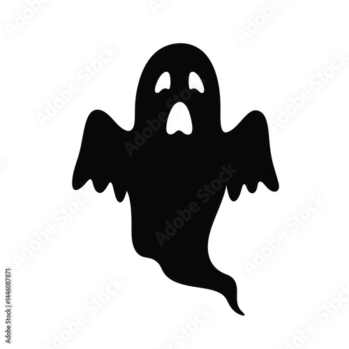 Black halloween ghost illustration silhouette with a scared expression on white background