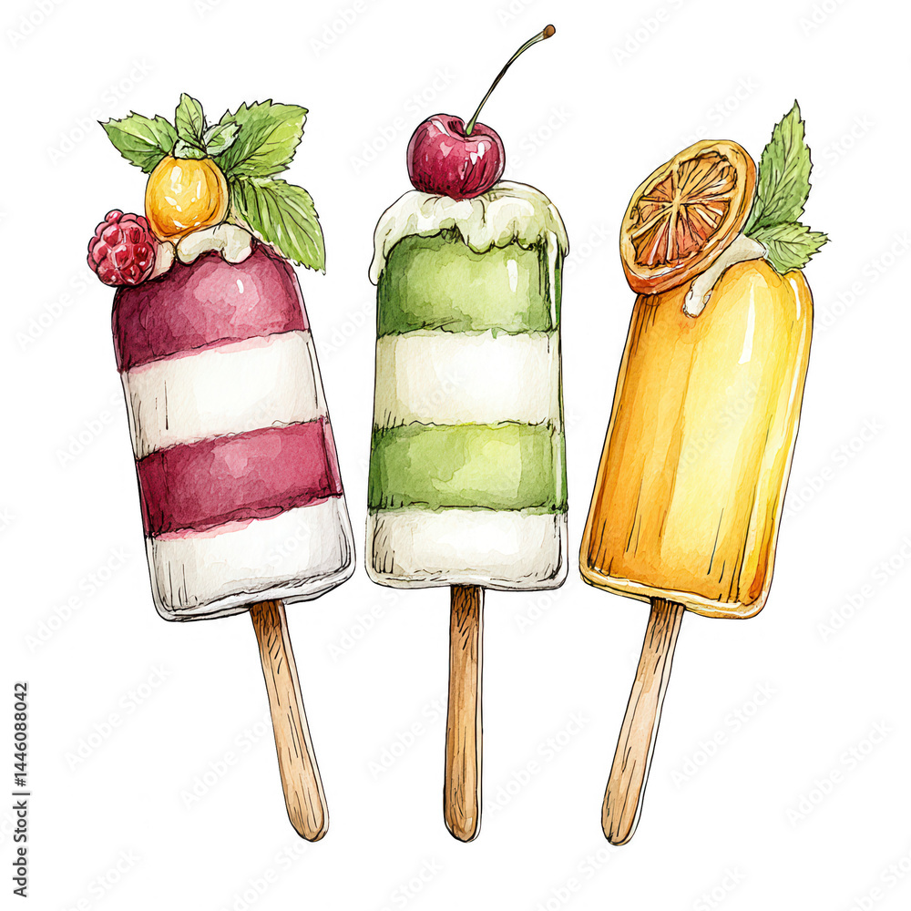 Watercolor painting of fruit popsicles with toppings on a white background