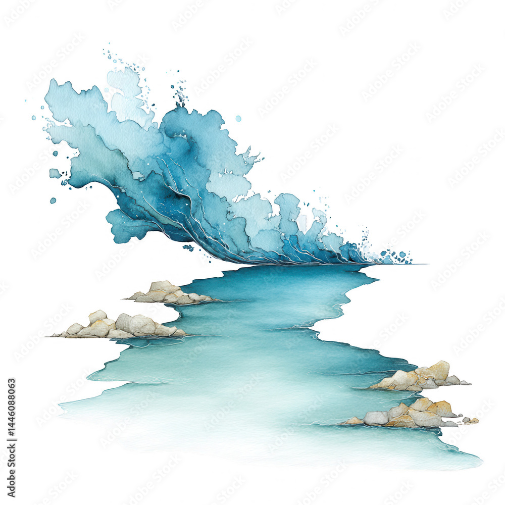 Abstract watercolor painting shows a beautiful river with rocky shores