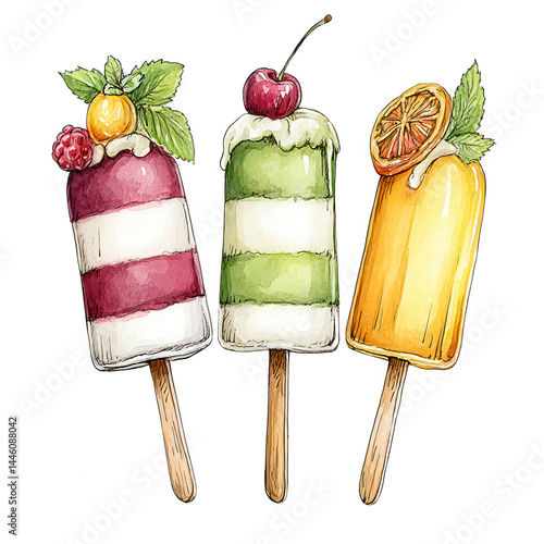Obraz na płótnie Watercolor painting of fruit popsicles with toppings on a white background w salonie