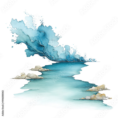 Abstract watercolor painting shows a beautiful river with rocky shores