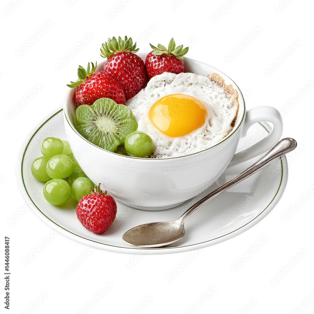 A tasty looking breakfast with egg, fruits, strawberries is in a cup bowl.