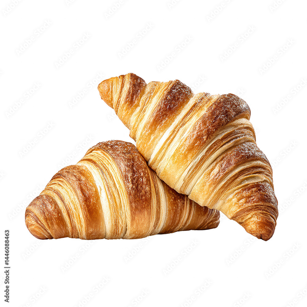 Two golden croissants are stacked on a white surface in simple food shot