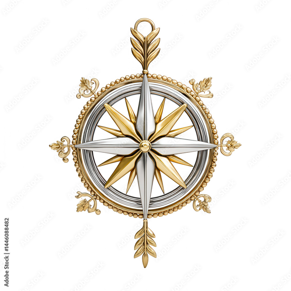 Golden and silver compass ornament with decorative leaves on white background.