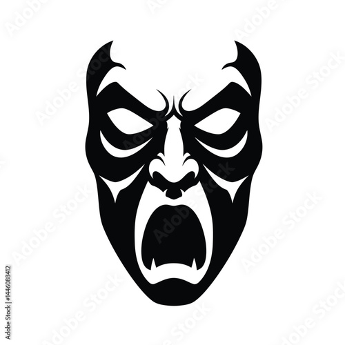 Angry demon face with open mouth black and white vector illustration