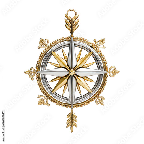 Obraz na płótnie Golden and silver compass ornament with decorative leaves on white background. w salonie