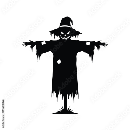 Scary halloween scarecrow silhouette with patches and evil grin