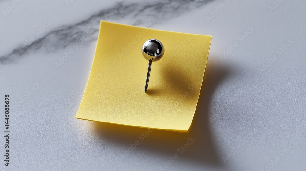 Metallic pin fixing yellow sticky note on marble surface