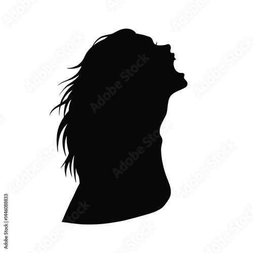Silhouette of a woman screaming upset with long hair in black and white