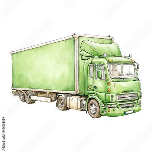 Obraz na płótnie A watercolor illustration of a green semi truck isolated on white background. w salonie