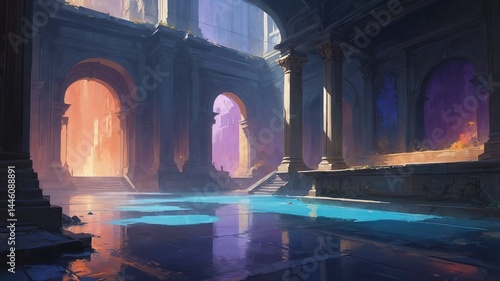 Abstract architecture reflecting in water with colorful lights  