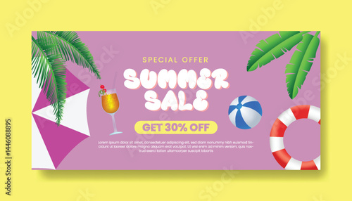 Summer sale horizontal banner vector illustration with topical leaves background. Promotional banner for website social media banner, cover, header. beach party greeting card design