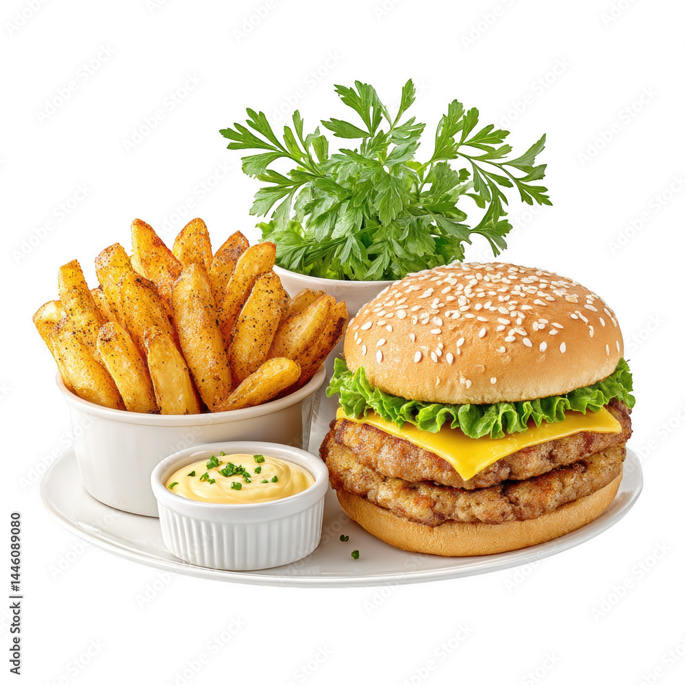 Double cheeseburger with fries and sauce presented on white background