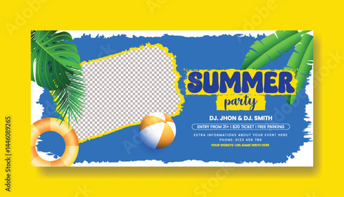 Summer sale horizontal banner vector illustration with topical leaves background. Promotional banner for website social media banner, cover, header. beach party greeting card design