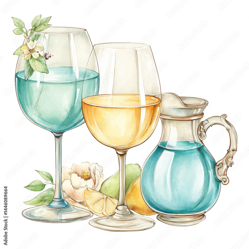 Watercolor painting shows wine glasses and decanter filled with liquids.