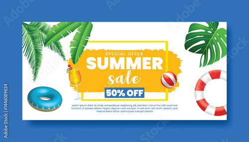Summer sale horizontal banner vector illustration with topical leaves background. Promotional banner for website social media banner, cover, header. beach party greeting card design