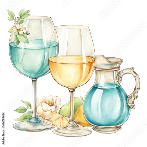 Obraz na płótnie Watercolor painting shows wine glasses and decanter filled with liquids. w salonie
