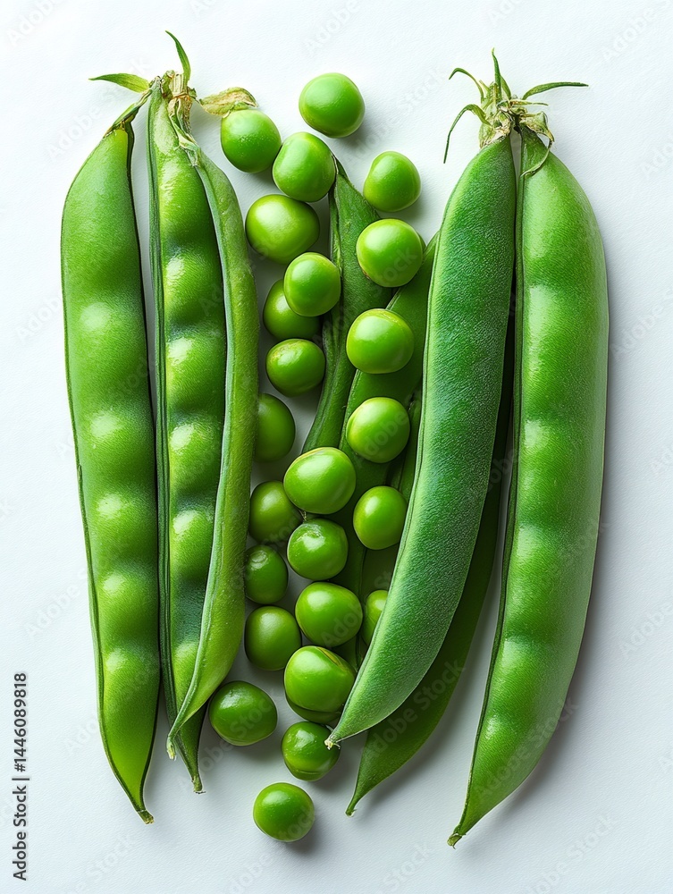 Fresh green peas showing seeds and pods on white background