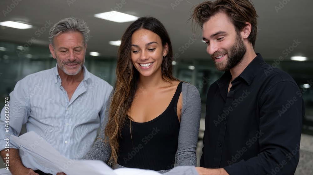 Group of Three People Discussing Blueprint or Design Plans in Modern Office Environment Group of Three People Discussing Blueprint or Design Plans in Modern Office Environment
